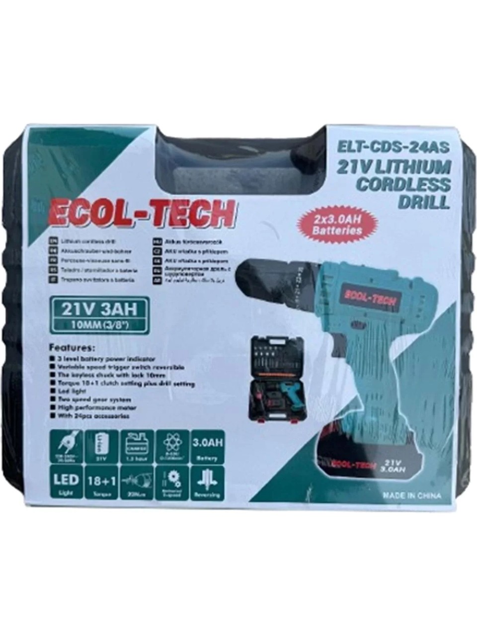 ECOL-TECH 21V Akülü Şarjlı Matkap Vidalama Seti 24 Parça Çift Bataryalı