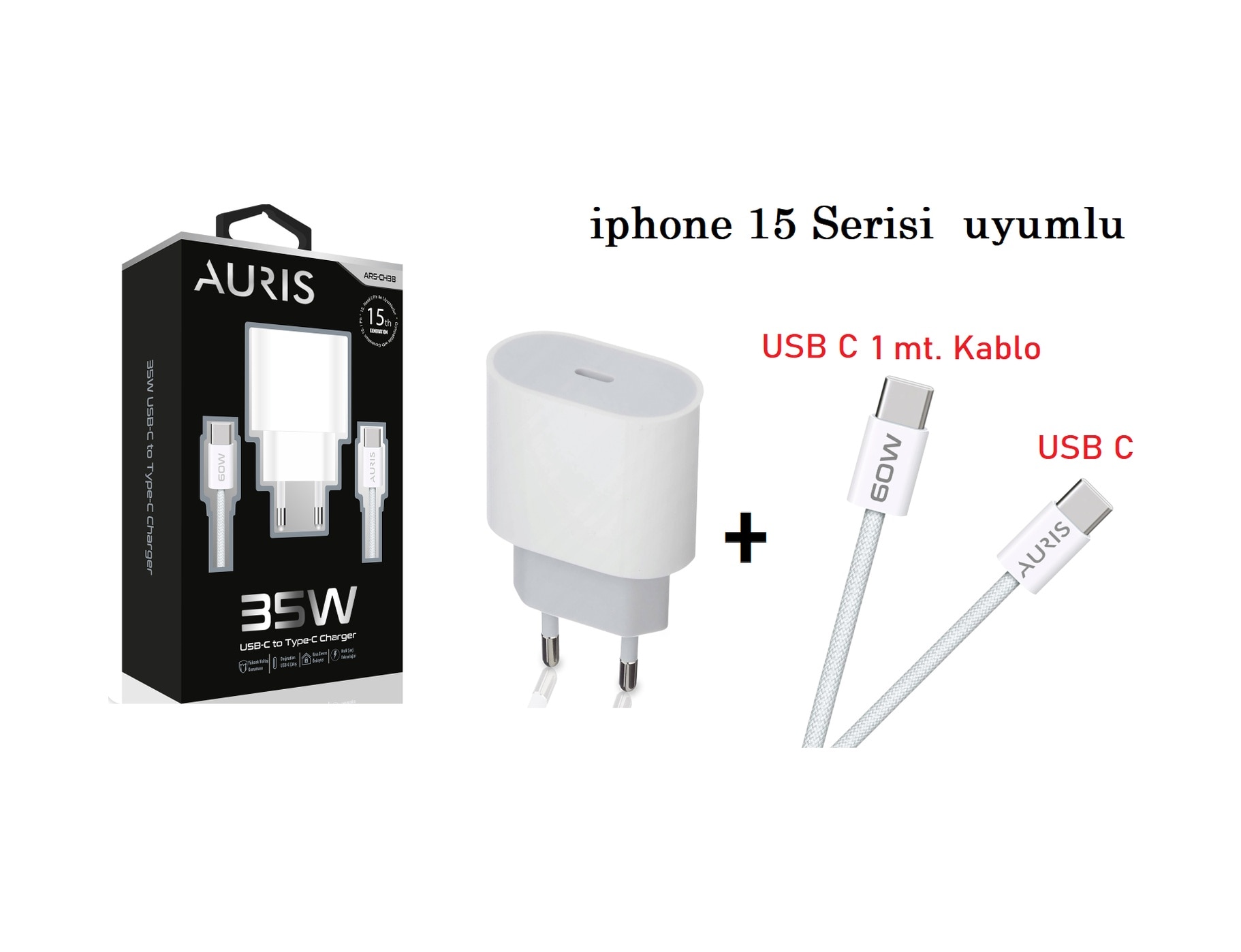 resimler/genel/Auris 35W USB-C Hızlı Şarj Adaptörü + USB-C Kablo Seti