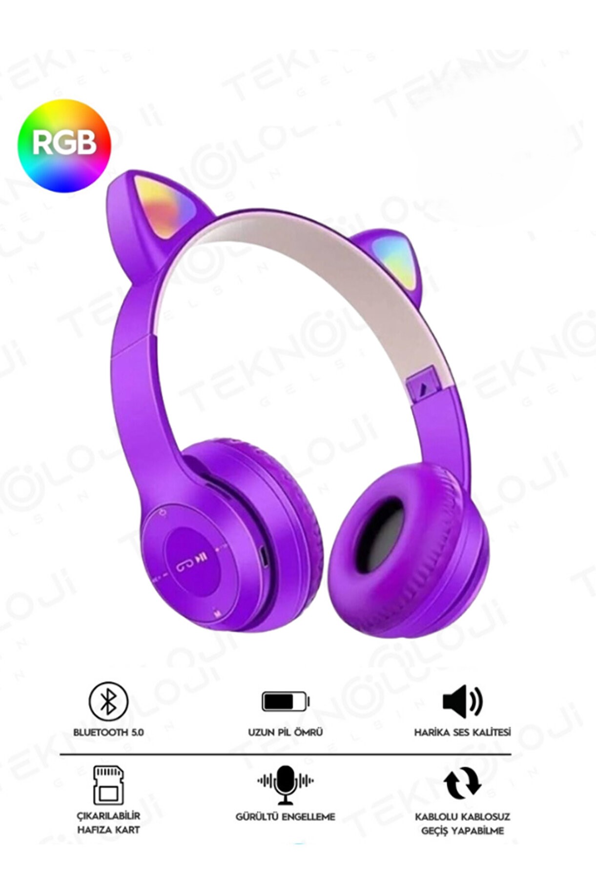 resimler/genel/P47 LED Işıklı Kedi Kulaklı Bluetooth Kablosuz Kulaklık