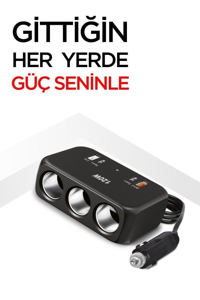resimler/genel/Torima G18 120W 3’lü Çakmaklık Çoğaltıcı Type-C USB Hızlı Araç Şarj Cihazı