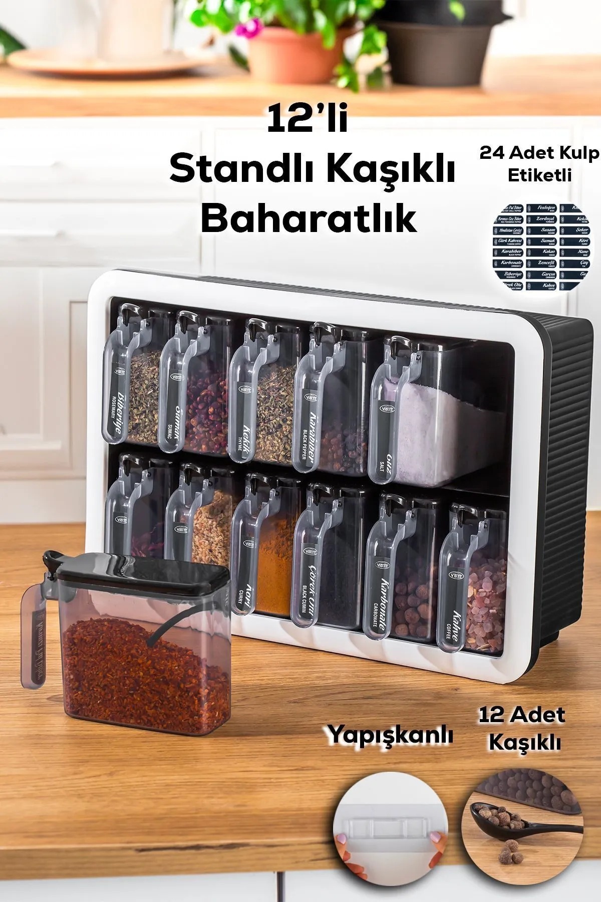 Violet Standlı 12’li Yapışkanlı Kaşıklı Baharatlık Takımı (Plastik)