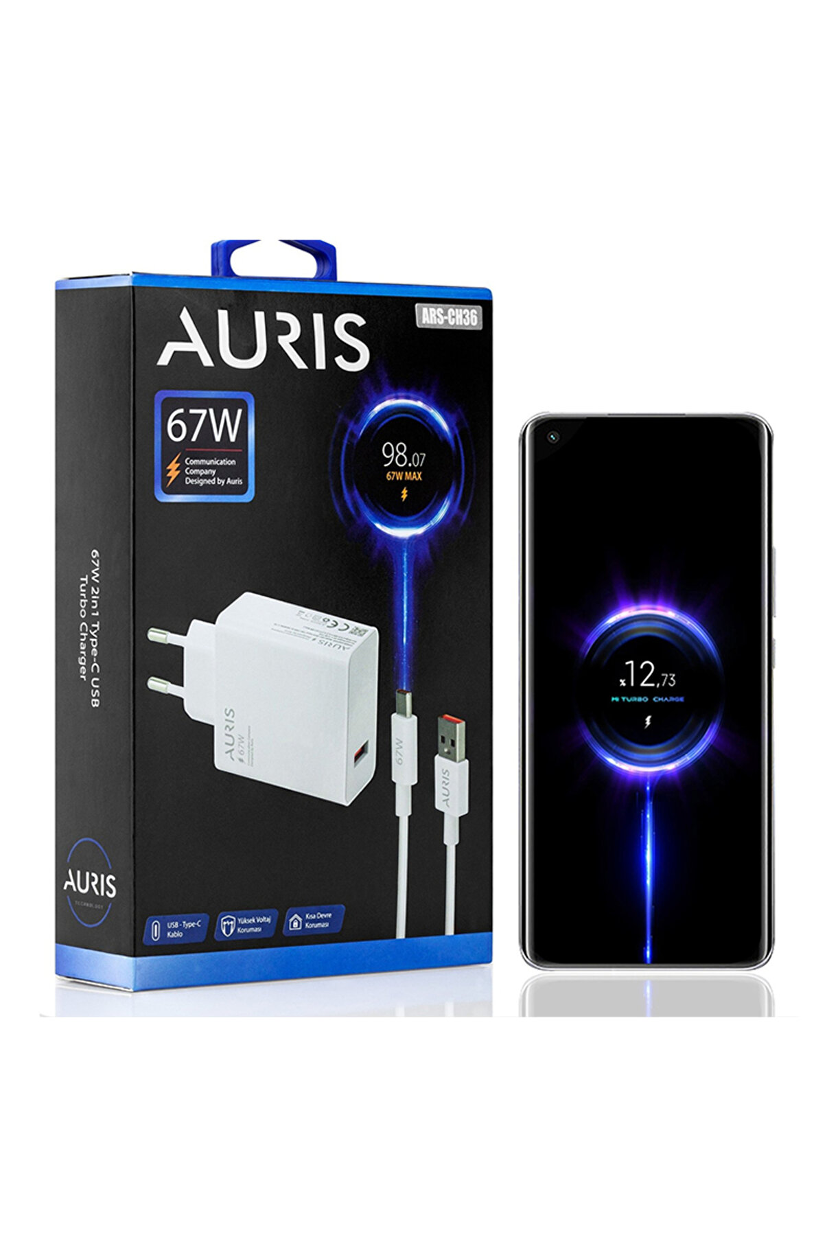 Auris 67W USB-A to Type-C Hızlı Şarj Adaptörü ve Kablo Seti