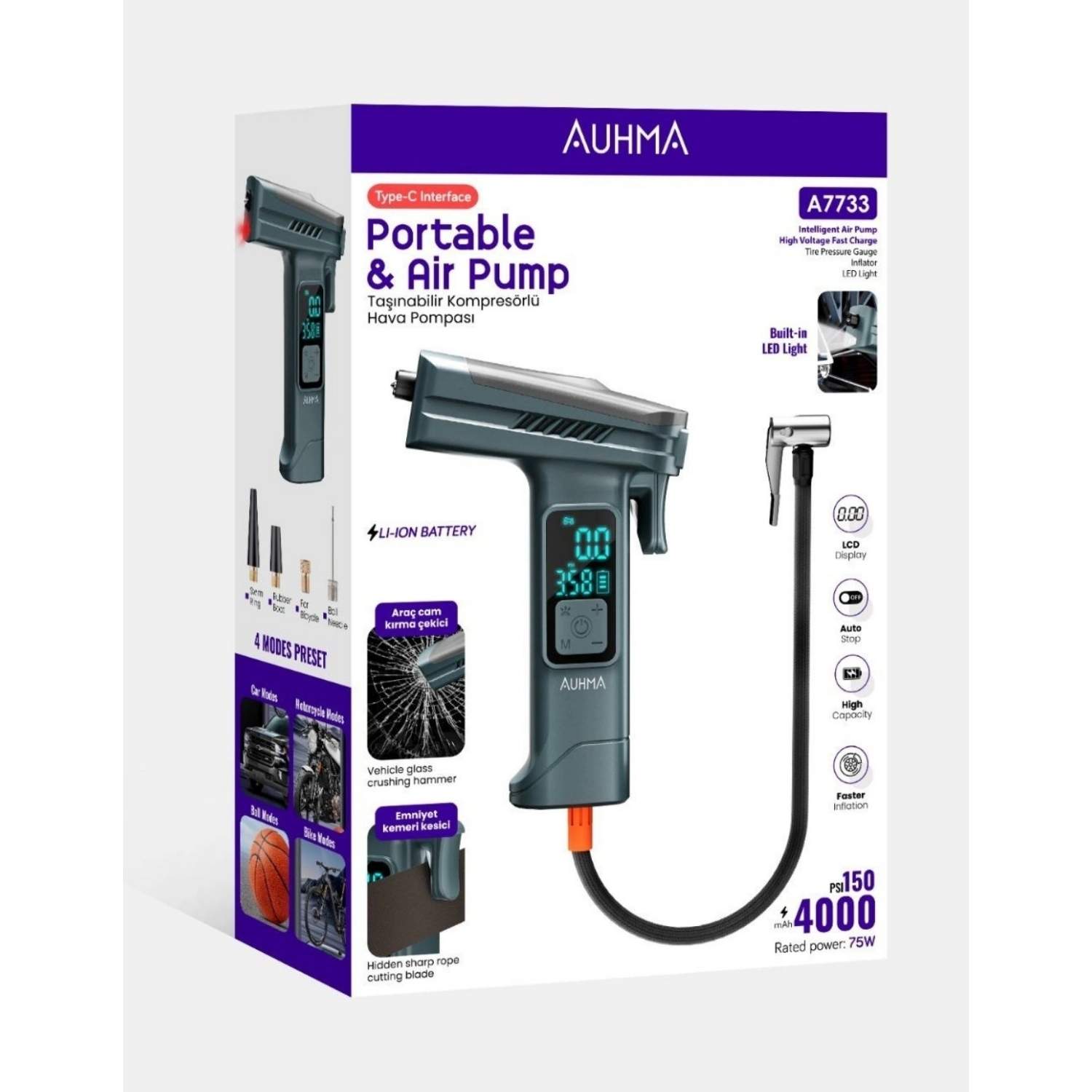 Auhma Taşınabilir Kompresörlü Hava Pompası 4000mAh 150 PSI Dijital LCD Ekranlı