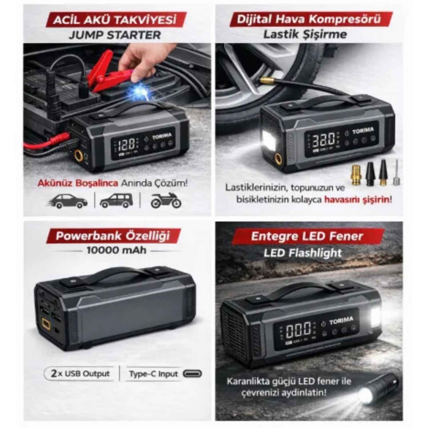 resimler/genel/Torima APS-04 10000mAh Akü Takviye Jump Starter + Dijital Hava Kompresörü + LED Fener