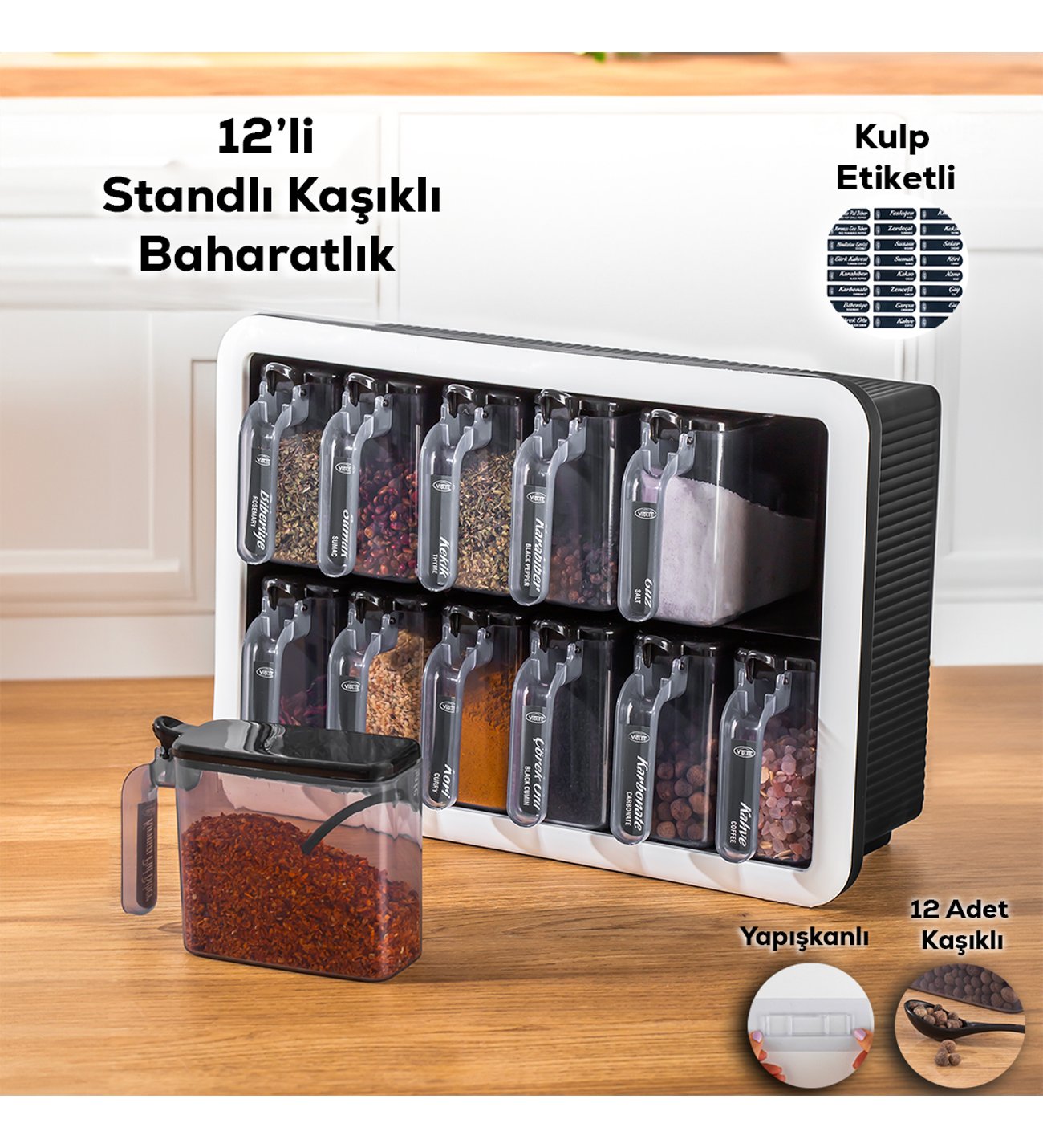 resimler/genel/Violet Standlı 12’li Yapışkanlı Kaşıklı Baharatlık Takımı (Plastik)