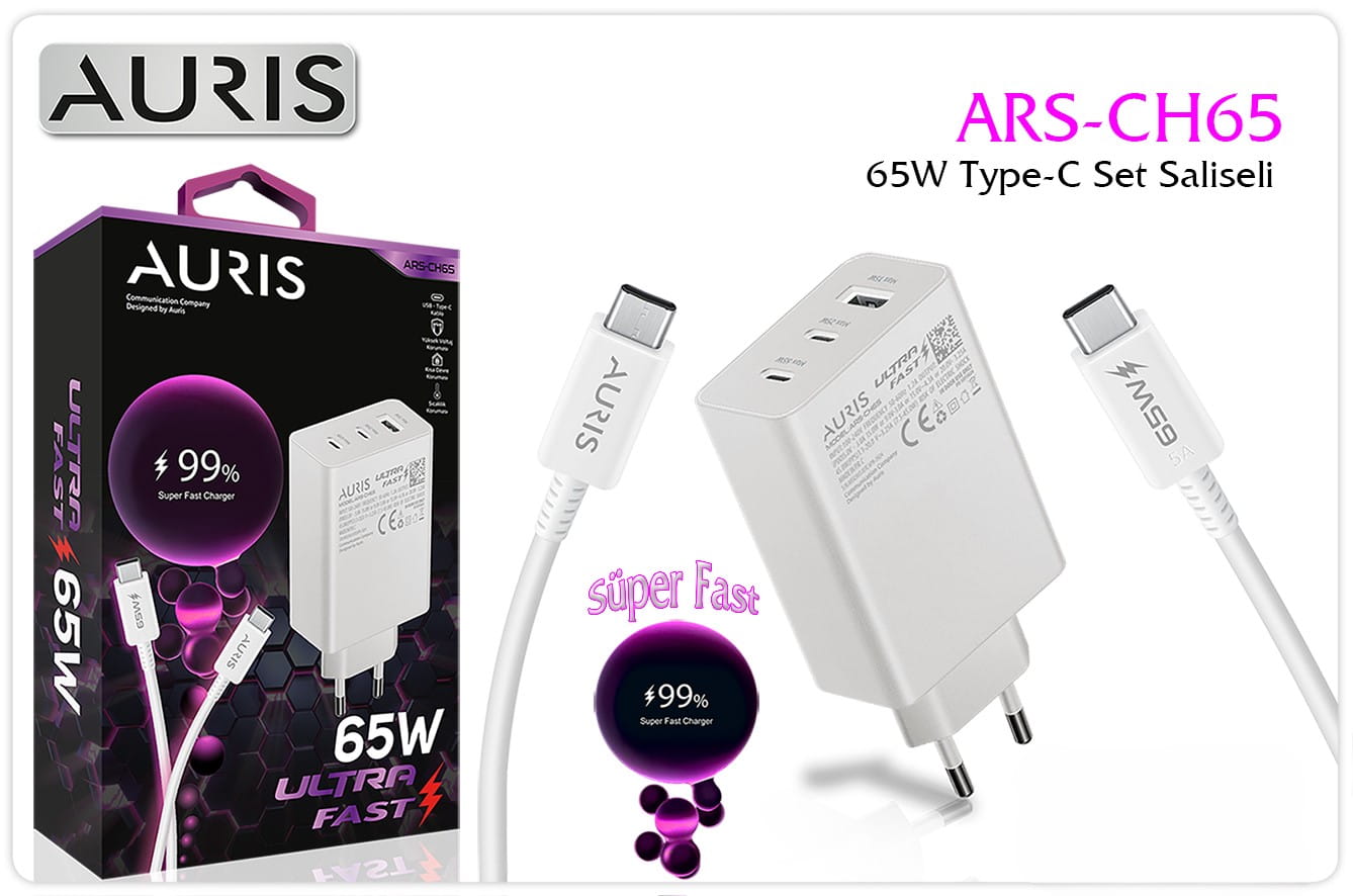 resimler/genel/Auris 65W Type-C Ultra Fast Şarj Adaptörü ve Kablo Seti