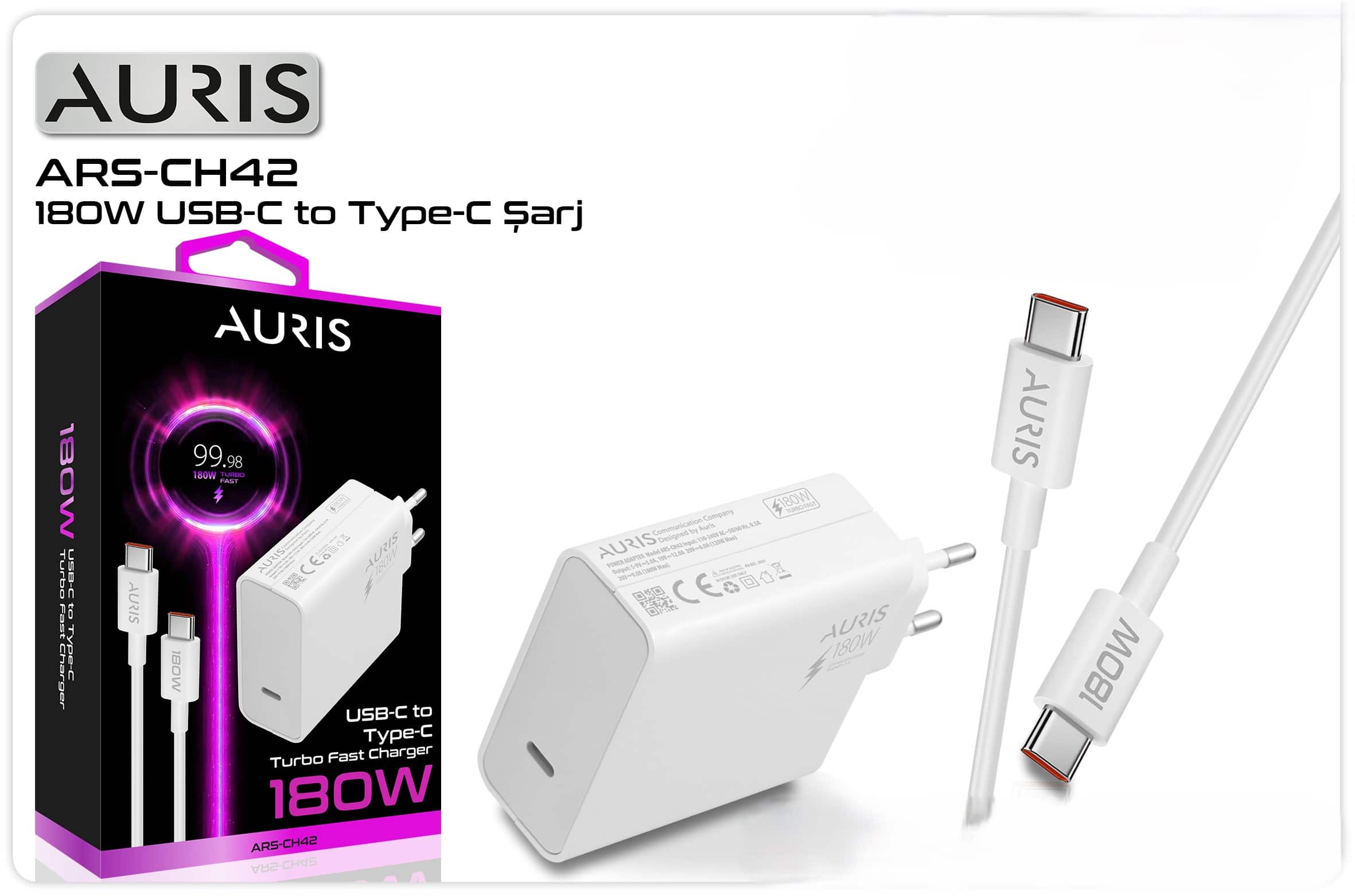 Auris 180W USB-C Type-C Turbo Hızlı Şarj Adaptörü ve Kablo Seti
