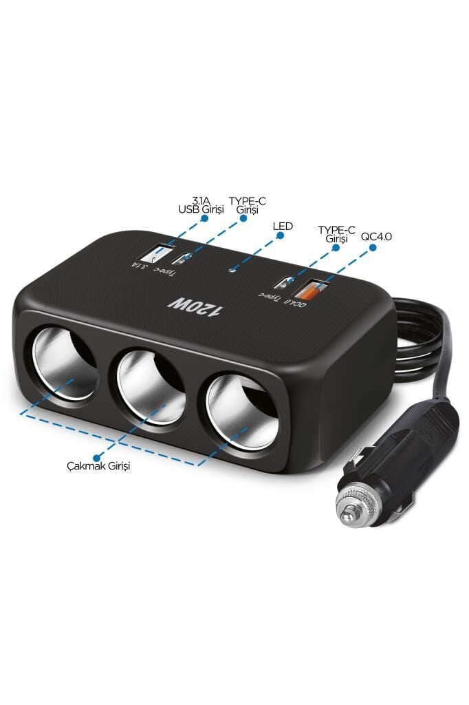 resimler/genel/Torima G18 120W 3’lü Çakmaklık Çoğaltıcı Type-C USB Hızlı Araç Şarj Cihazı