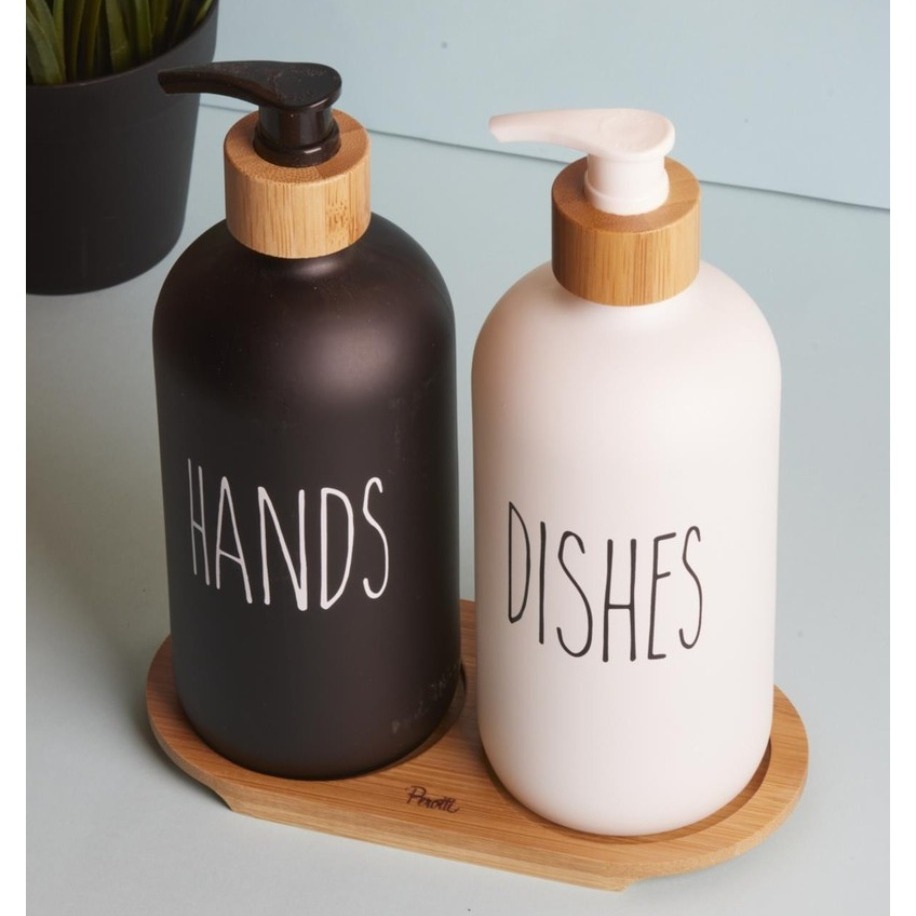 Cam Sıvı Sabunluk Dispenser 3’lü Set (Hands – Dishes – Soap)