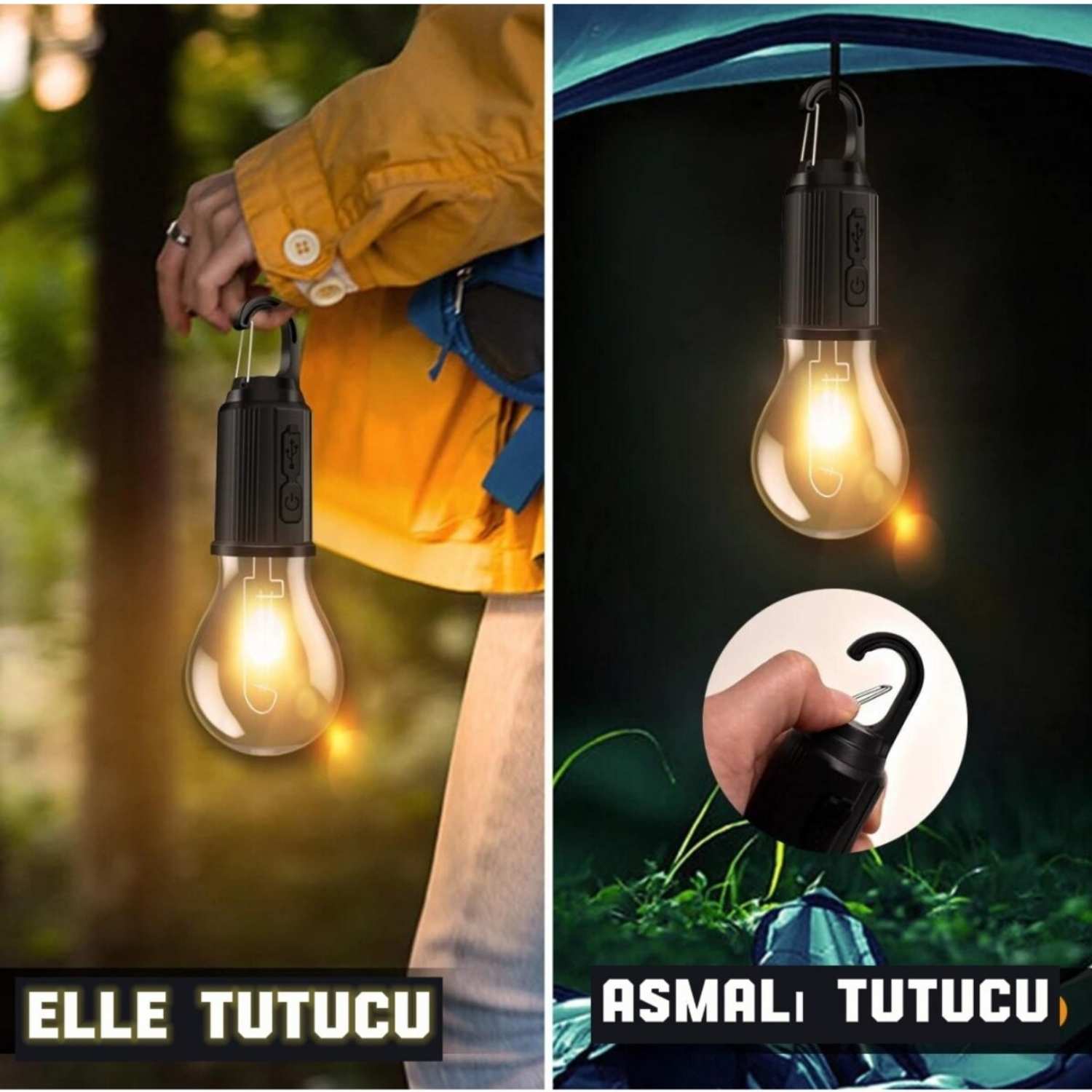 Type-C Şarjlı Asmalı Kamp Ampulü | Su Geçirmez, 3 Kademeli LED Outdoor Işık