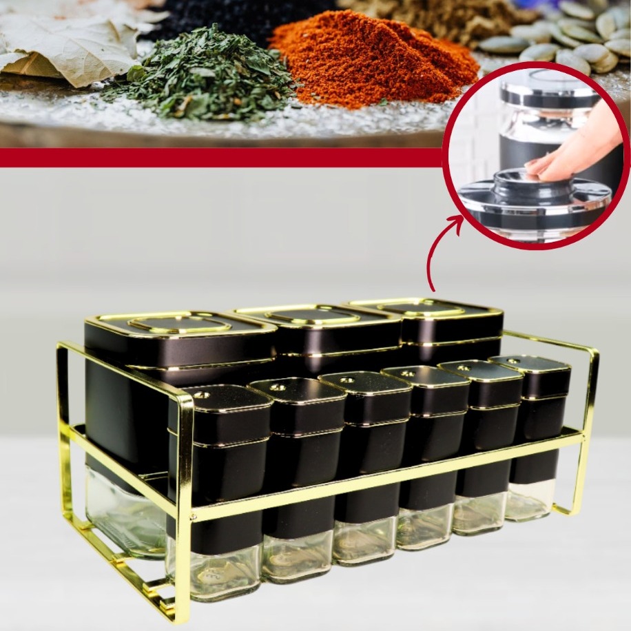 resimler/genel/Cepavm 9 Parça Kare Vakum Kapaklı Cam Baharatlık Seti ve Metal Stant