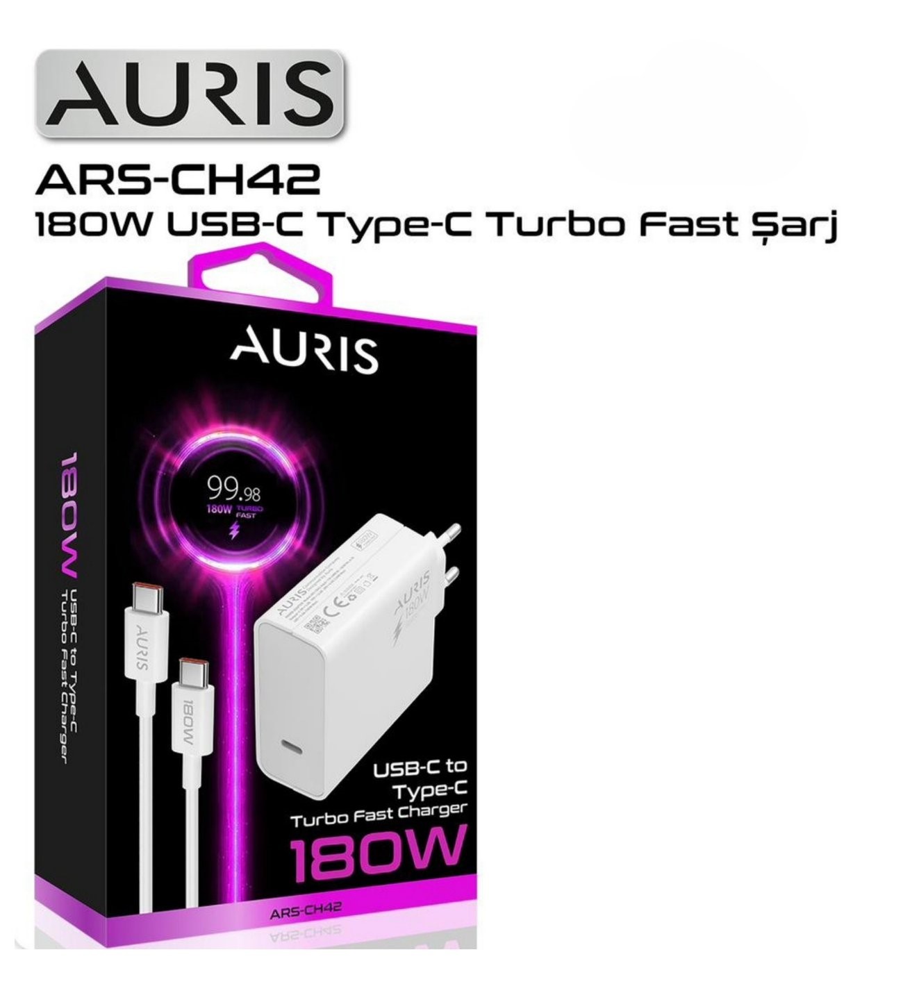Auris 180W USB-C Type-C Turbo Hızlı Şarj Adaptörü ve Kablo Seti
