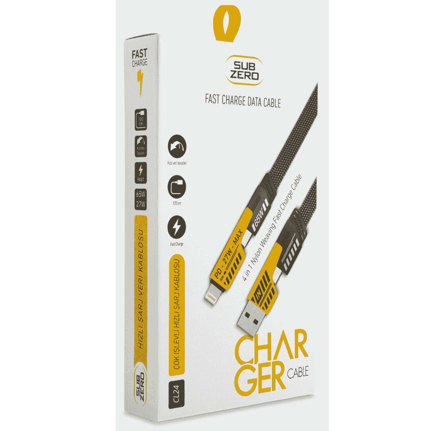 4 in 1 Çok Fonksiyonlu Hızlı Şarj ve Veri Kablosu PD 27W  Type-C 65W