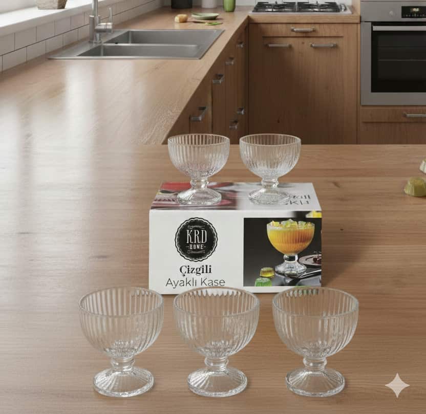 KRD Home Çizgili Ayaklı Cam Kase 6 ADET
