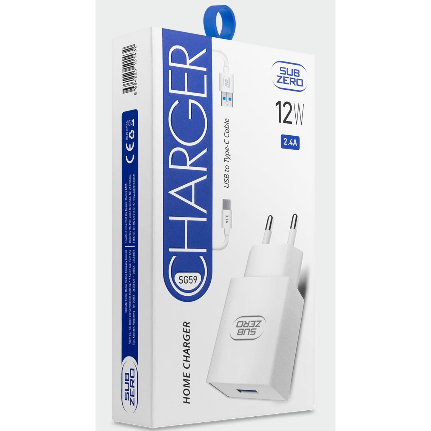 Subzero 12W 2.4A USB to Type-C Kablolu Ev Tipi Şarj Adaptörü