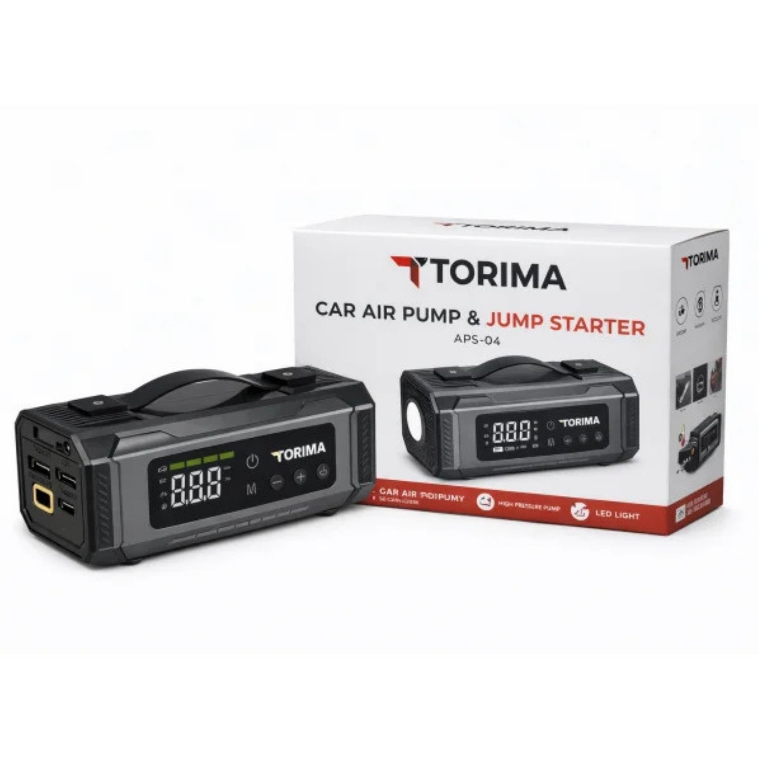 Torima APS-04 10000mAh Akü Takviye Jump Starter + Dijital Hava Kompresörü + LED Fener