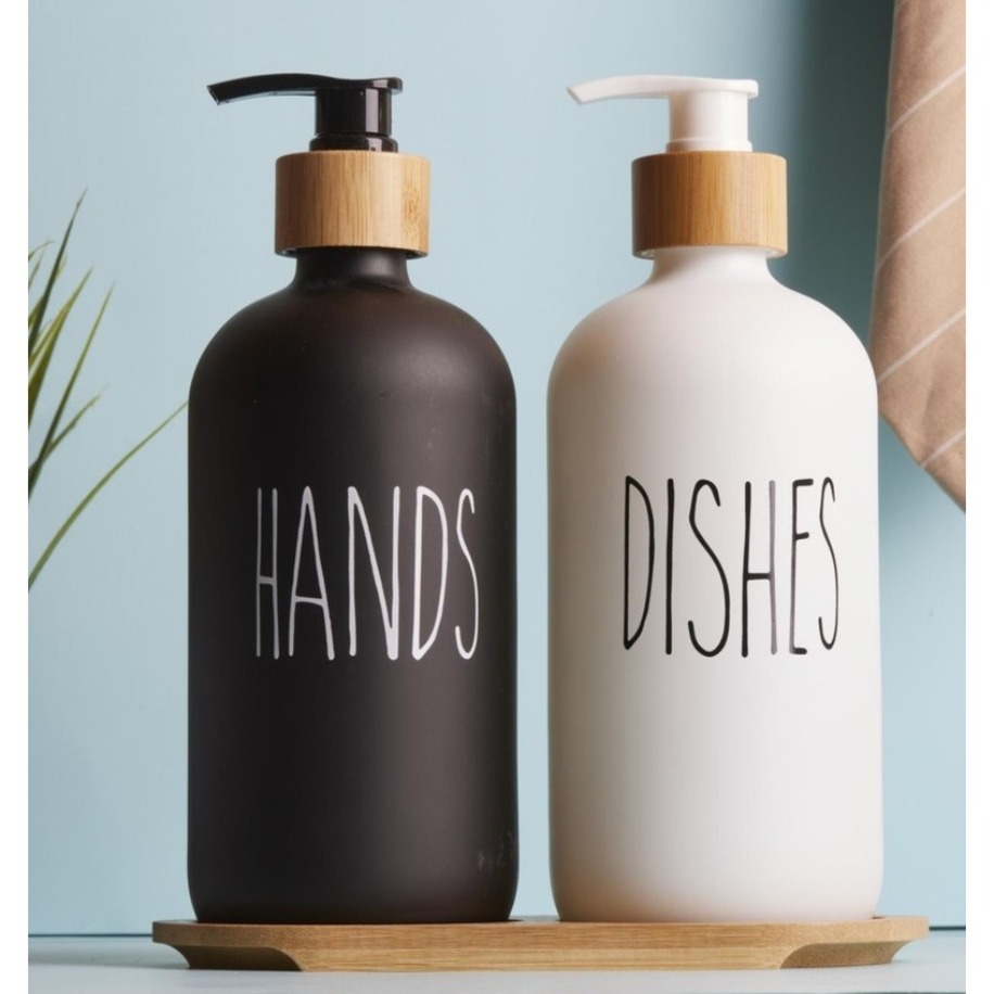 Cam Sıvı Sabunluk Dispenser 3’lü Set (Hands – Dishes – Soap)