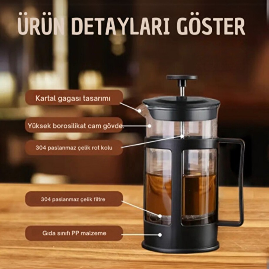 French Press Cam Kahve ve Bitki Çayı Demliği 350 ml