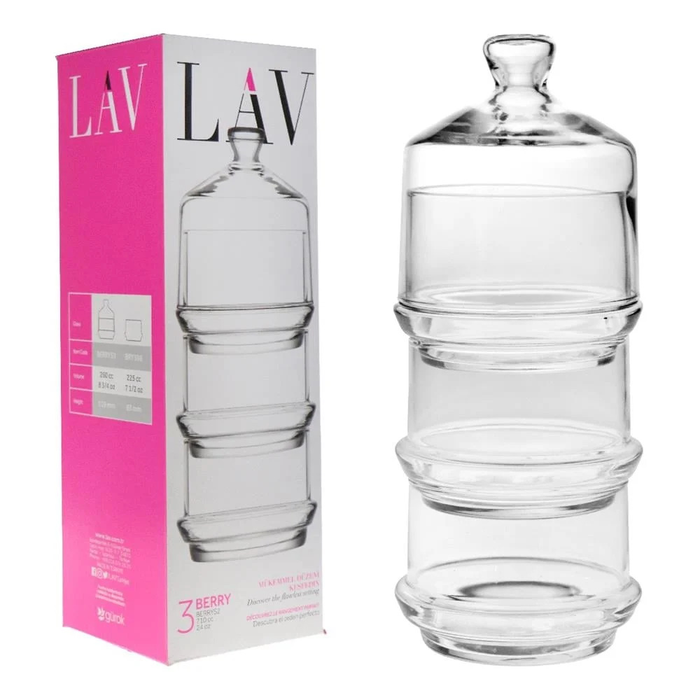 Lav Berry 3 Katlı Cam Sunumluk Kurabiyelik Saklama Kabı