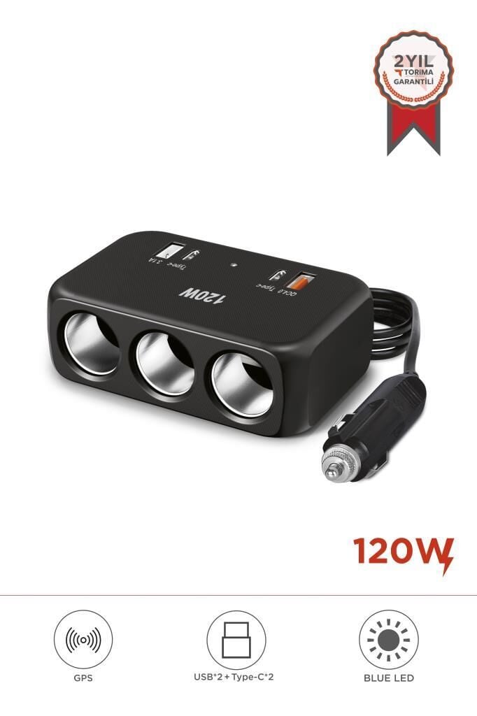 Torima G18 120W 3’lü Çakmaklık Çoğaltıcı Type-C USB Hızlı Araç Şarj Cihazı