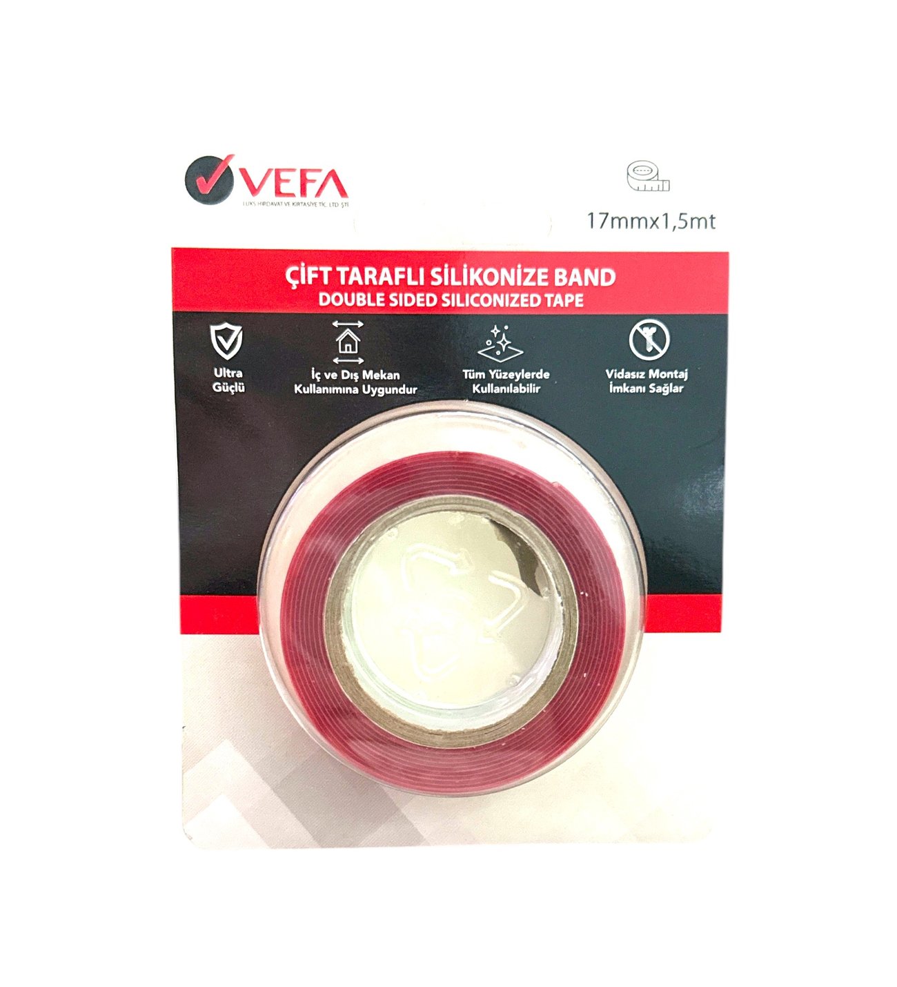 Çift Taraflı Silikonize Bant 17 mm x 1,5 m Ultra Güçlü Şeffaf Montaj Bandı